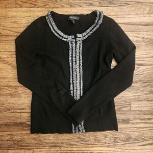 White House Black Market Preppy Classic Black Cardigan Silk Wool Knit Sweater M